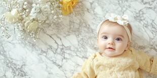 可爱萌娃身着黄衣躺于花旁