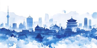 水墨风格的城市与古建筑景观