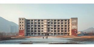 废弃大楼前的孤寂身影