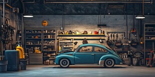 复古小车静置于工具齐全车库