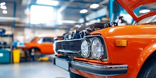 车间内的橙色维修汽车