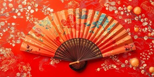 古典折扇置于喜庆红底上