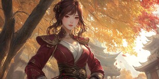 红衣女侠立于秋景之中