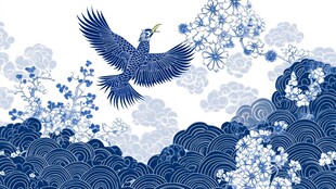 蓝白飞鸟绘于云浪繁花间