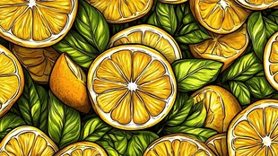 柠檬与绿叶的清新插画