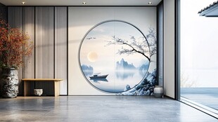 中式禅意客厅山水壁画景观
