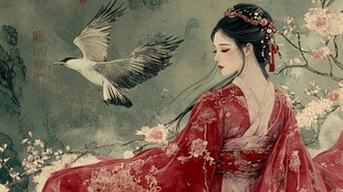 红衣佳人伴飞鸟入春景