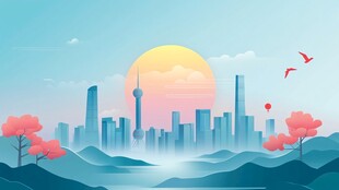 夕阳下的城市山水美景