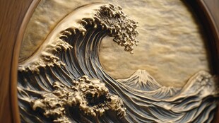 圆形浮雕海浪与富士山景