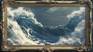 金色画框中的汹涌海浪