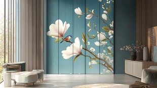 中式玉兰花鸟风客厅背景墙