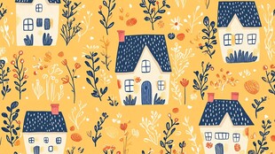 田园风手绘房屋花草图案