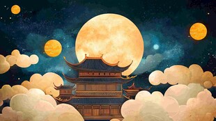 明月下的古风楼阁美景