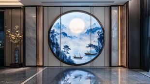 中式玄关圆形山水装饰画