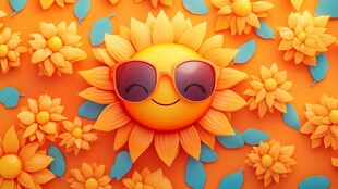 微笑太阳与缤纷小花背景