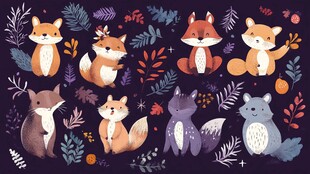 可爱狐狸与植物插画图案