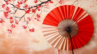 中式红伞与烂漫花枝