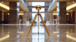 金色三脚架立于宽敞大厅