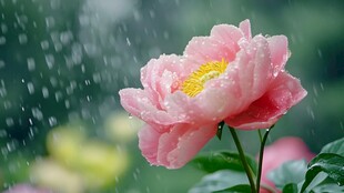 雨中娇艳绽放的粉色芍药