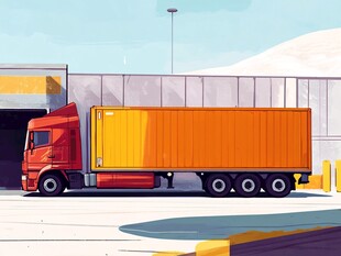 红色货车停靠仓库前