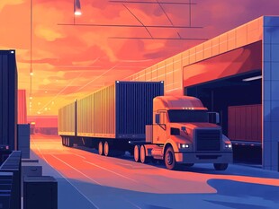 夕阳下的货运卡车与仓库