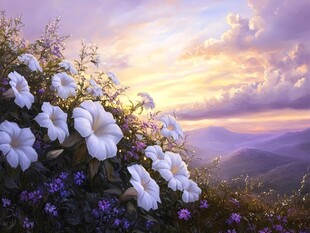 夕阳下的繁花与远山美景