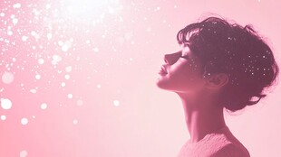 仰望粉色梦幻空间的女性