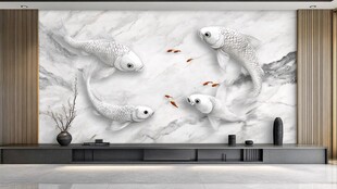 玉雕锦鲤电视背景墙装饰