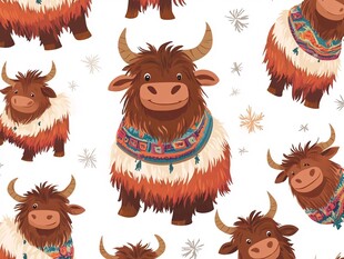 可爱牦牛图案与雪花装饰