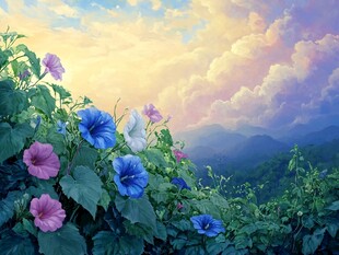 山间晨景 绚烂牵牛花绽放