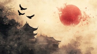 夕阳下的古建筑与飞鸟