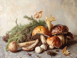 多彩蘑菇与松枝静物组合