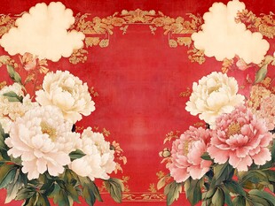 中式红底牡丹云纹装饰图