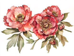 水彩绘三朵娇艳盛开牡丹花