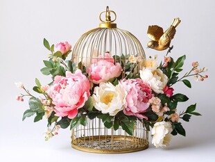 金色鸟笼中的浪漫花卉