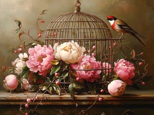 鸟栖花笼旁的静谧景致