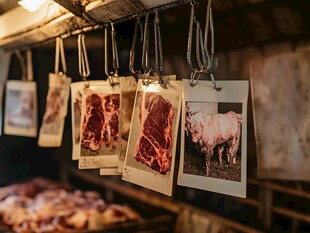 肉铺悬挂的鲜肉及牲畜照片