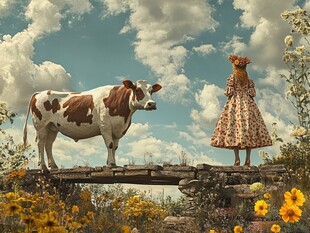 女孩与奶牛的田园梦幻邂逅