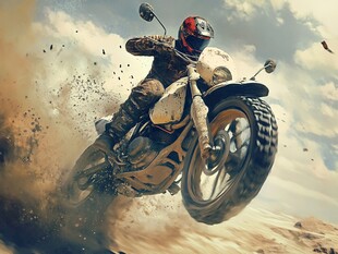 越野摩托飞驰于沙尘之间