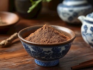 青花瓷碗中的褐色粉末