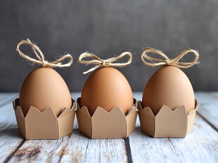 三只绑绳鸡蛋置于纸盒中