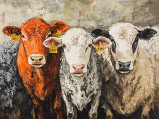 多彩牛羊群油画特写