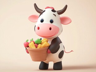 卡通小牛提篮满载蔬果