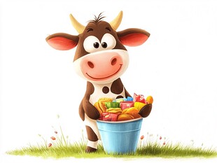 可爱小牛捧桶装满糖果