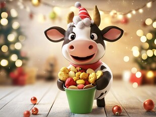 圣诞小牛捧桶糖果贺佳节
