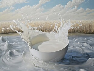 牛奶飞溅于田野水景之中