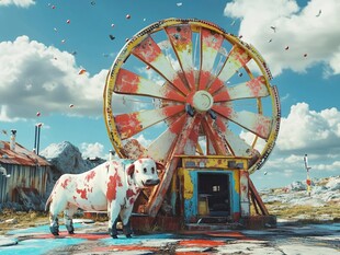 废弃摩天轮旁的斑驳奶牛
