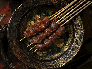 复古盘中美味牛肉烤串