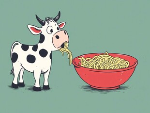 奶牛享用大碗面条插画