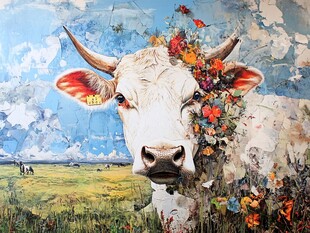 花饰牛头像的田园风情画